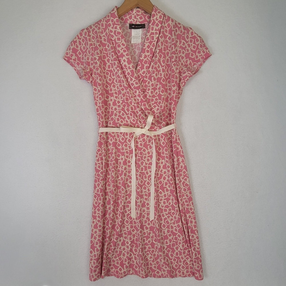 Jodi Kristopher Vintage Pink Geometric Belted Dress Women's Medium Retro